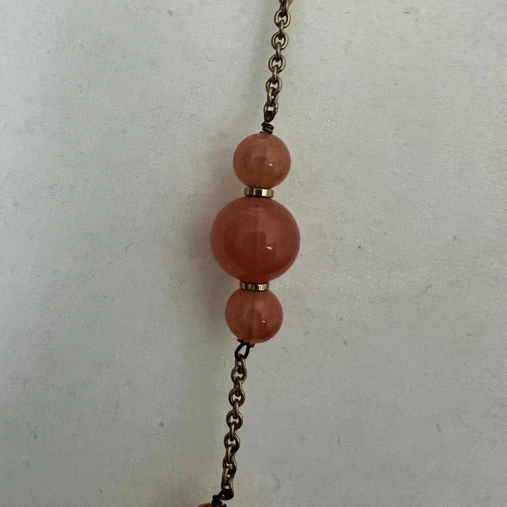 J. Crew Long Pink Peach Salmon Beaded Station Necklace on Gold Tone Chain